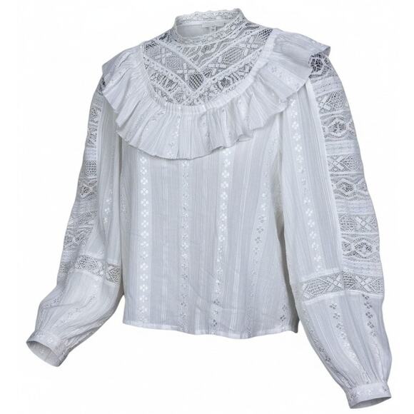 Othilia for Anthropologie Tops - Anthropologie Ivory Lace Ruffled Bib Blouse Puff Sleeve Poetcore Romantic Top XS